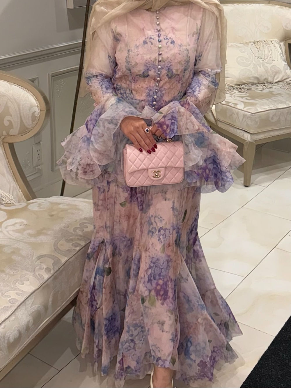 Elegant Floral Maxi Dress in Pastel Pink and Purple